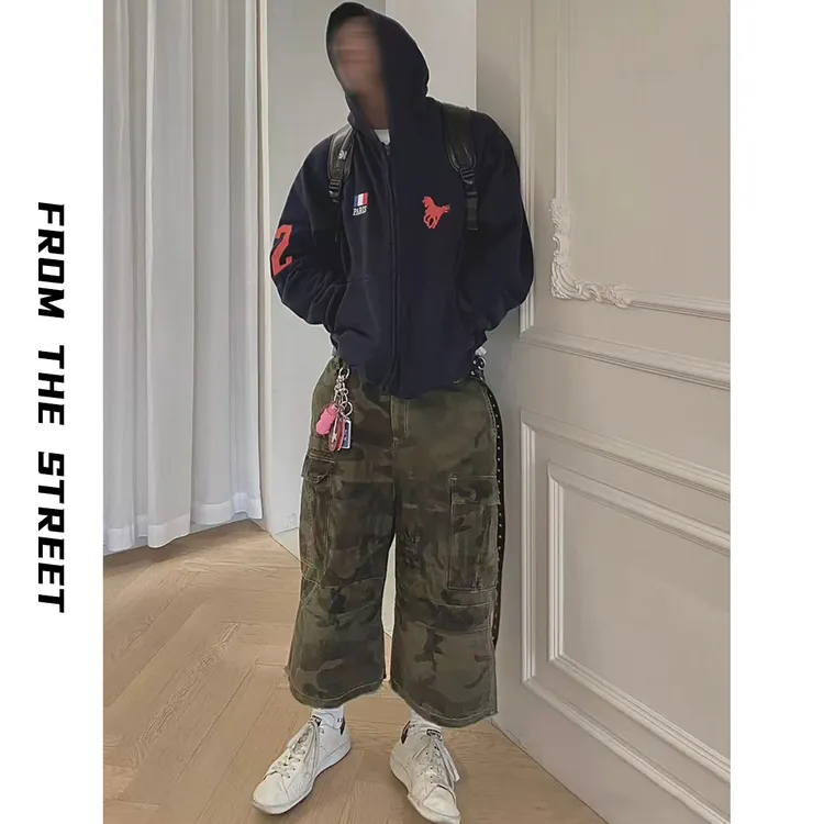 FROM THE STREET来自街头战马刺绣磨破水洗做旧拉链宽松连帽卫衣