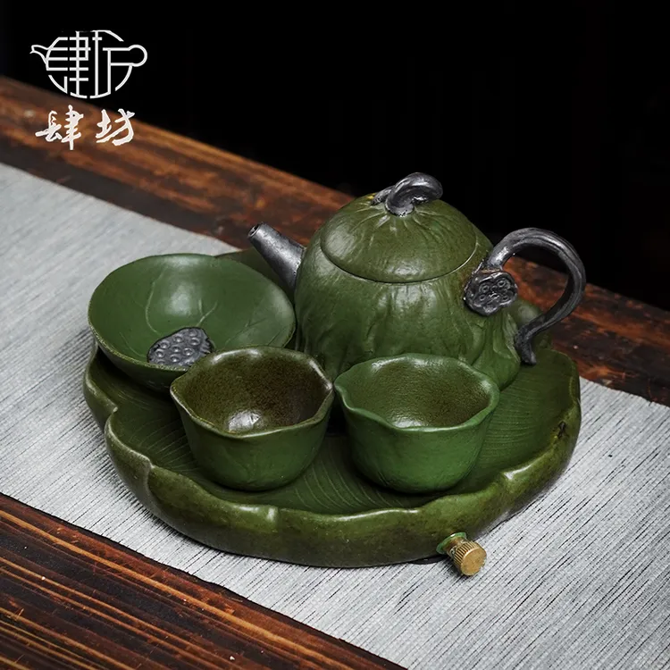 复古风格老陶泥系列竹青泡茶一壶三杯小套组竹青莲子壶小套组