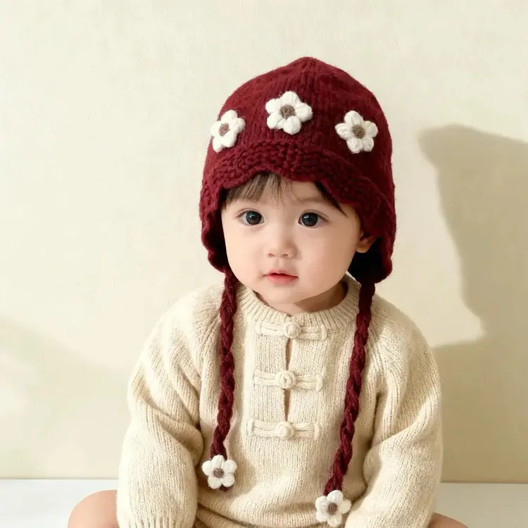 波尔多红可爱花朵婴儿帽子秋冬针织毛线帽女宝宝护耳包头帽保暖