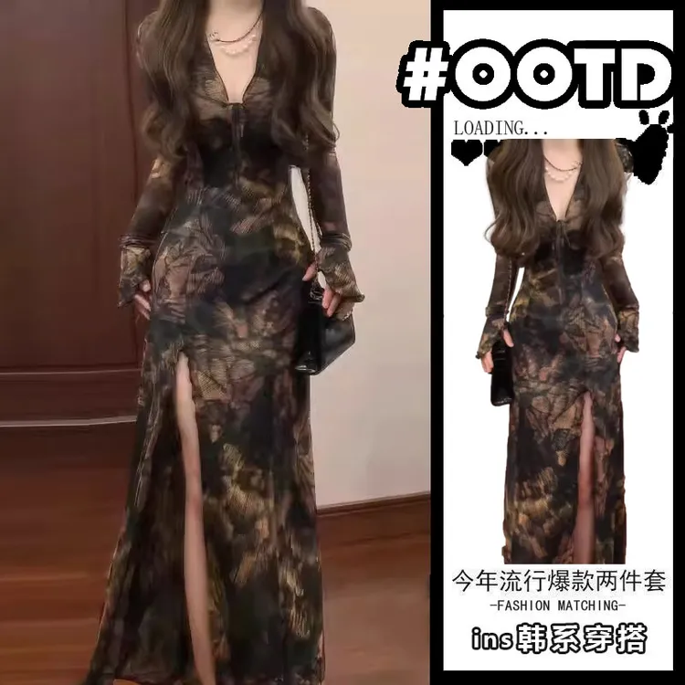 法式破碎感枯叶蝶凉感网纱连衣裙修身显瘦女神范海边度假气质长裙