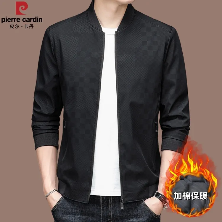 皮尔卡丹高档秋冬款男士夹克外套帅气立领中青年休闲外搭加棉保暖