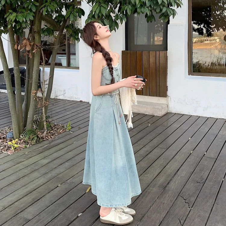 针织罩衫叠穿牛仔套装裙女2025新款夏季气质A字吊带裙短袖两件套