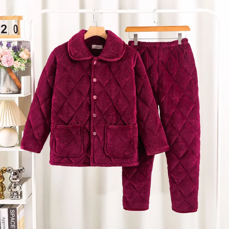 冬季牛奶绒女士中老年款三层夹棉加厚法兰绒套装睡衣保暖家居服