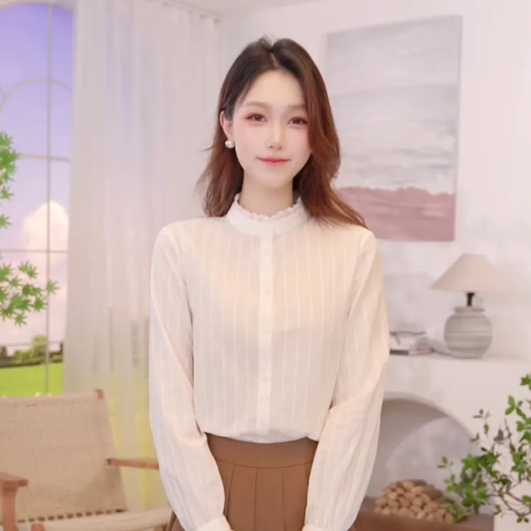 【商场同款】茵曼25百搭显瘦秋季法式木耳领蝴蝶结文艺感气质衬衣女