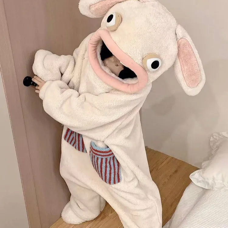 情侣连体睡衣女加厚保暖珊瑚绒睡袍可爱卡通搞怪抽象玩偶服可外穿