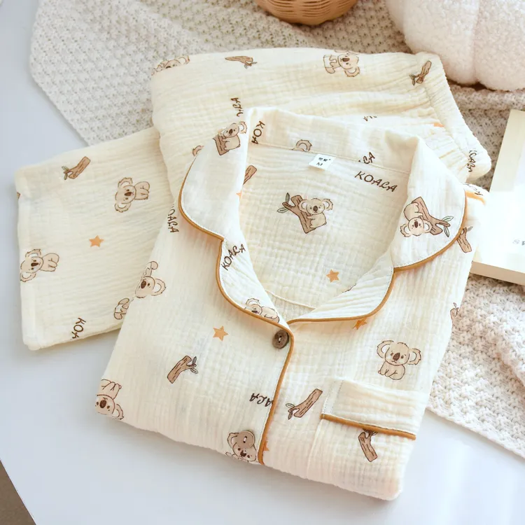 新款纯棉春夏双层纱布透气女睡衣套装全棉宽松卡通吸汗长袖家居服