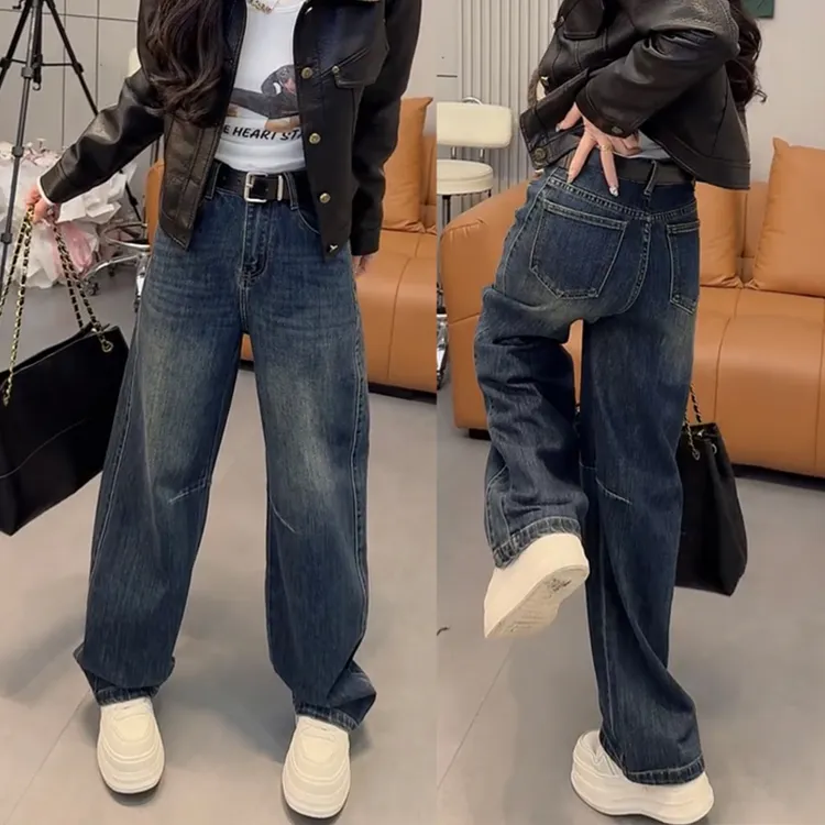 大码美式复古直筒牛仔裤女秋季胖mm高腰显瘦宽松洋气窄版阔腿裤子