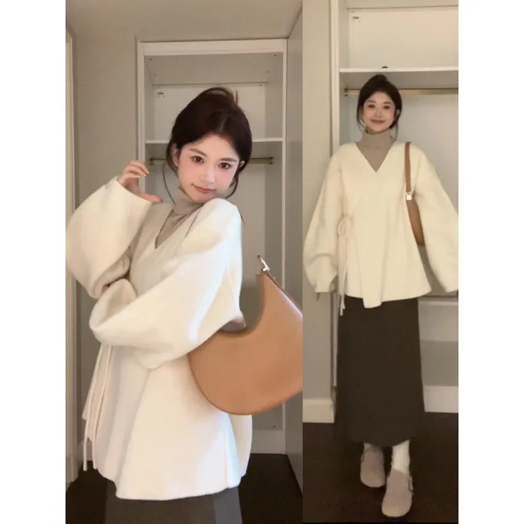 MARIE.COCO2025秋冬韩系V领侧系外套内搭高领针织衫女半身裙套装