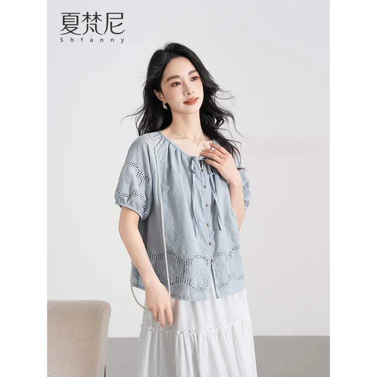 夏梵尼夏恋纯曲夏季新款韩版镂空小衫短袖百搭系带洋气网红款上衣
