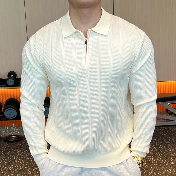 新款男士简约长袖翻领休闲毛衣针织衫长袖上衣时尚纯色polo衫拉链