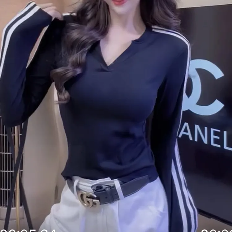 V领杂志风极简风长袖常规条纹T恤秋季洋气女装上衣显瘦百搭5245