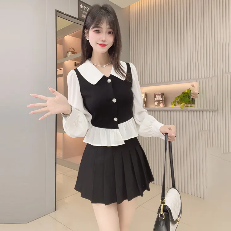 2025秋季拼色假两件上衣女针织衬衣翻领甜美小个子减龄洋气