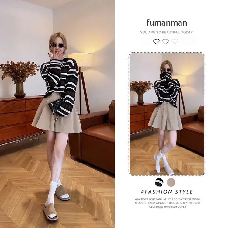 秋季套装女2025新款韩系慵懒风条纹上衣搭配高腰显瘦短裙裤两件套