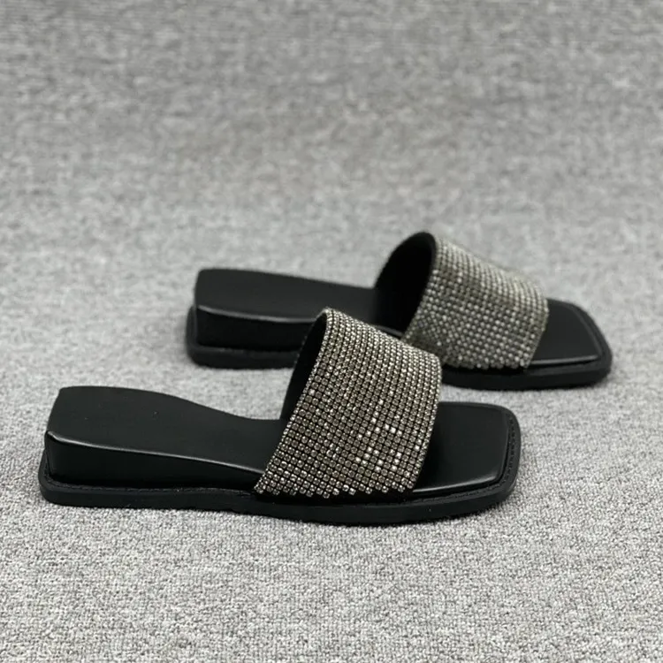 欧洲站女鞋新款欧货外穿拖鞋女2025夏季水钻坡跟露趾一字拖