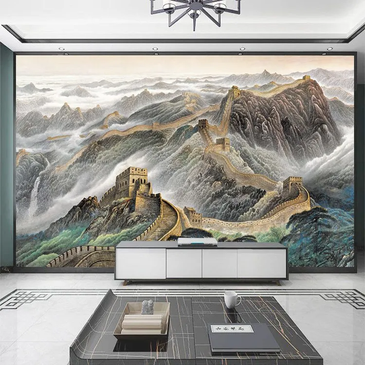 万里长城影视墙定制新中式山水画无缝壁布客厅电视背景墙装饰壁画