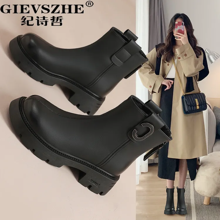 纪诗哲女靴英伦风马丁靴女秋冬新款时尚潮流厚底百搭中筒靴女款