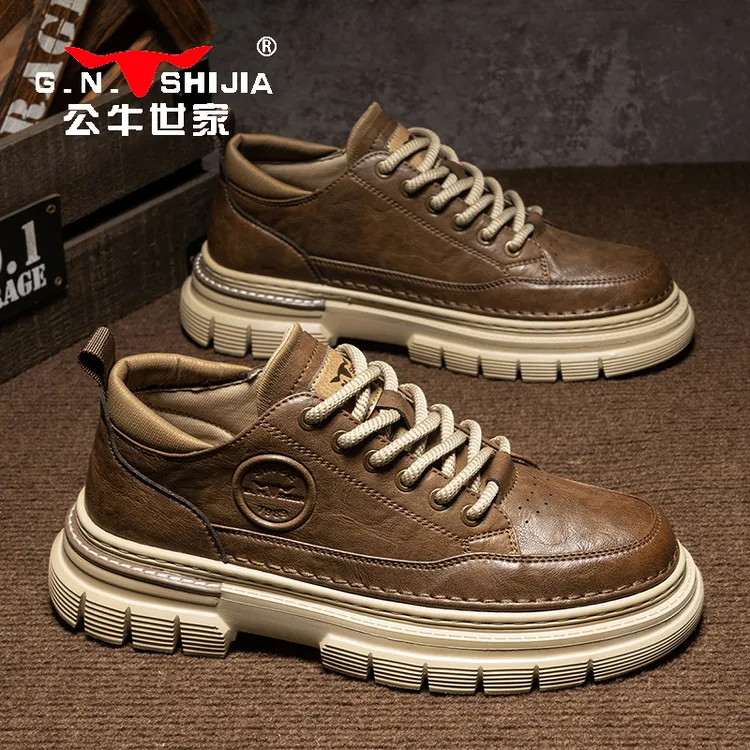 公牛世家工装男鞋秋季低帮户外复古马丁短靴春秋英伦宽头休闲皮鞋