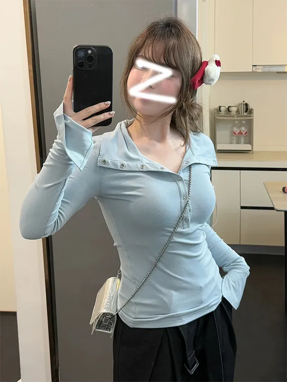 【妙想】260克设计感多纽扣打底衫女秋季纯欲风T恤修身巨显瘦上衣