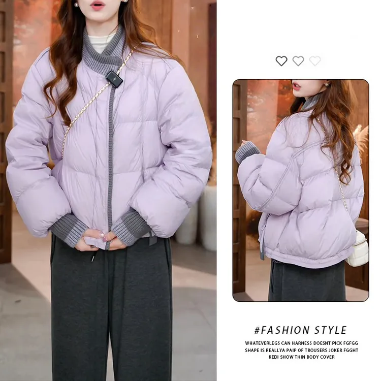 韩版百搭超好看女士棉服2025冬季新款针织拼接加厚保暖棉服短外套