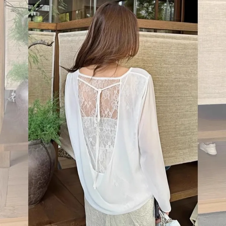 露背镂空蕾丝拼接防晒衣女夏高级感宽松显瘦外穿薄款透气空调罩衫