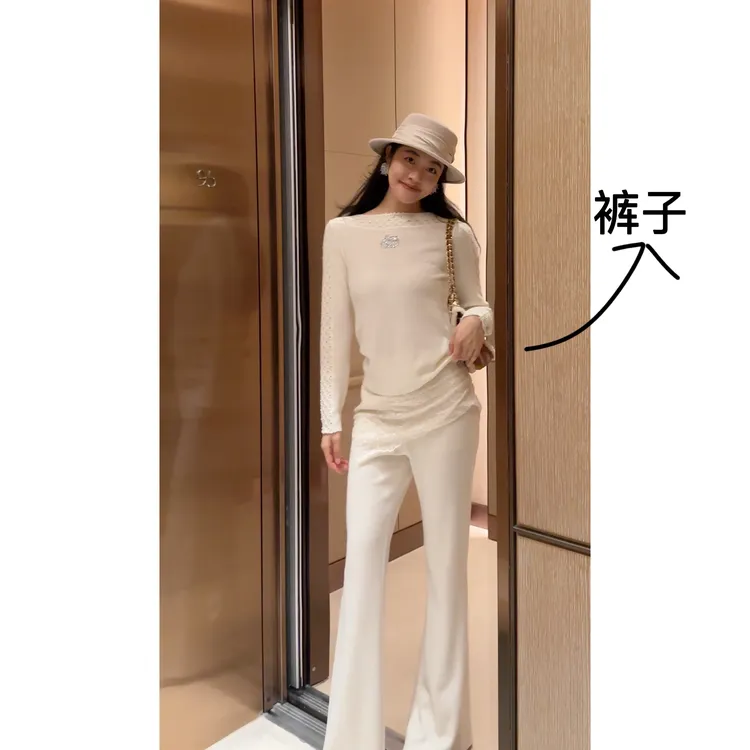 N.COU妮蔻25冬新款小众时髦气质蕾丝花边拼接休闲裤微喇裤DY61673