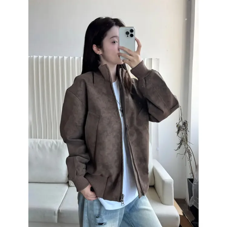 cleanfit美式复古硬汉男款立领理石纹夹克设计感飞行员皮衣做旧风