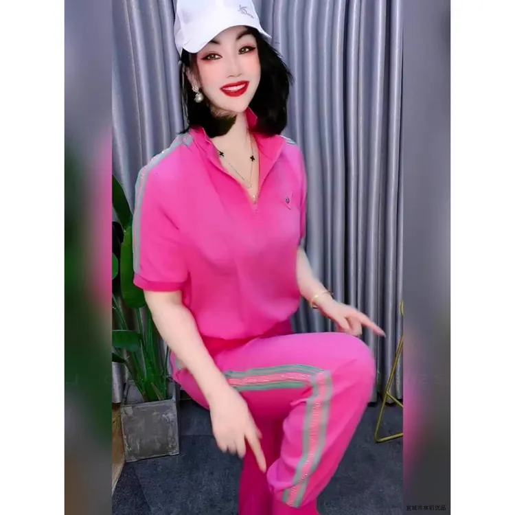 夏季女性玫红色韩版网红短袖卫衣束脚裤休闲运动穿搭套装夏装春夏