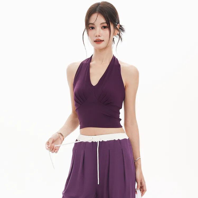奔跑吧卡卡固定杯运动内衣女v领挂脖瑜伽服健身外穿性感美背背心