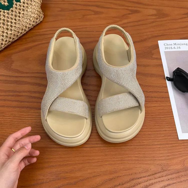 2025夏季女薄款平底女鞋凉鞋女单时尚粗跟系带外穿软底仙女风