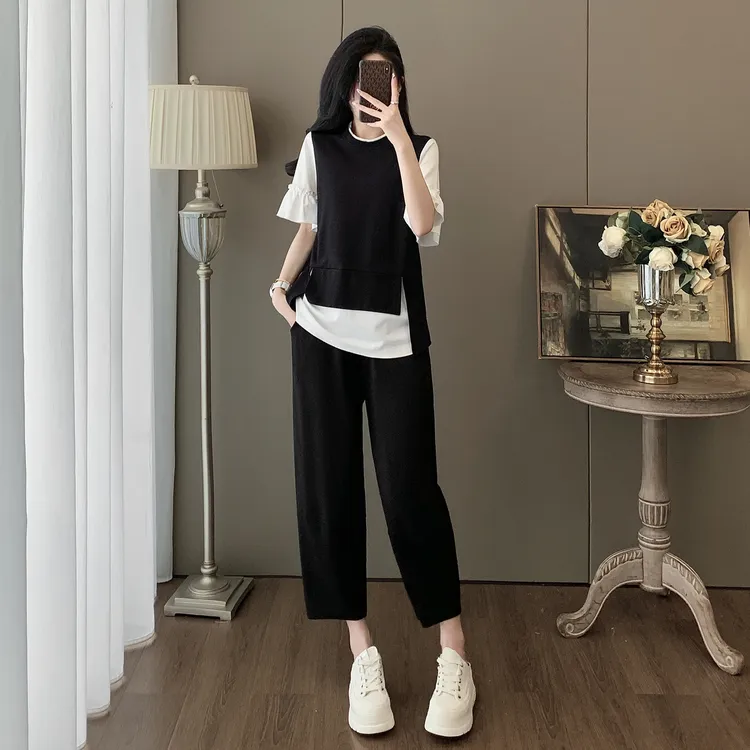 休闲时尚套装女夏季显瘦减龄洋气运动假两件短袖七分裤子两件套