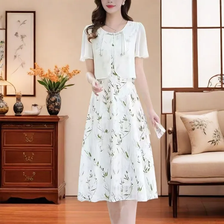 高档时尚妈妈印花假两件连衣裙2025秋季新款国风精致减龄短袖裙子