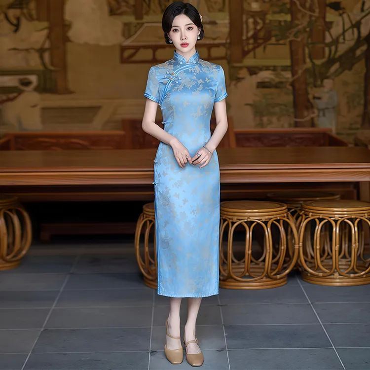 新中式旗袍2025夏季老上海素雅国风礼服复古高端长款裙子日常可穿