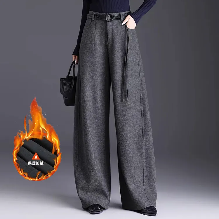 正品专柜2025秋冬加绒加厚新款绵羊毛阔腿裤女高腰显瘦宽松直筒裤