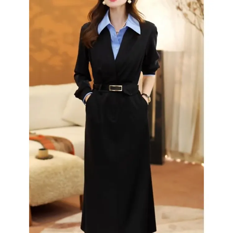 高级时尚气质长袖假两件连衣裙女装2026春季新款端庄优雅精致长裙