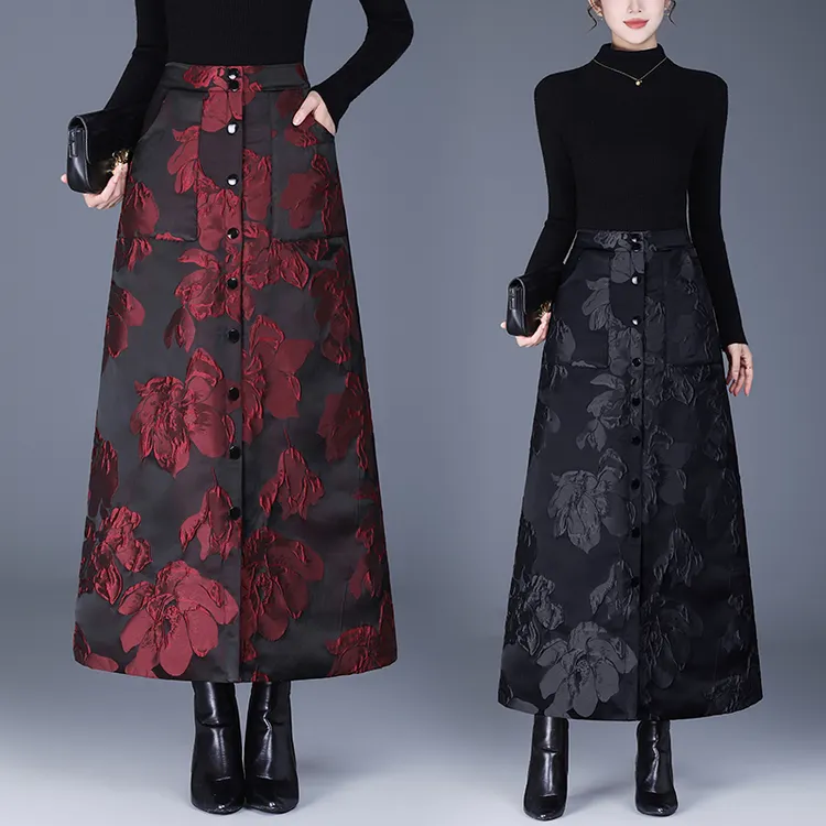 国风提花A字半身裙新款防风保暖棉裙加厚一片式中长包臀裙子