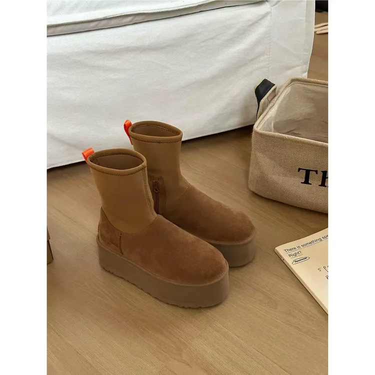 桑坡厚底高筒迪普靴铅笔女款雪地靴女加绒加厚羊皮毛一体棉鞋保暖