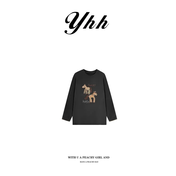 【余欢欢】秋冬时尚休闲百搭宽松钉珠刺绣小马T恤-YHW50980