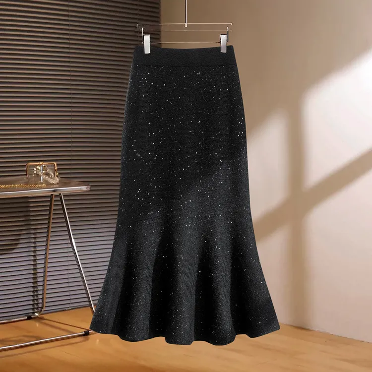 拉夏贝尔高级感毛呢鱼尾半身裙女2025秋冬新款显瘦优雅气质包臀裙