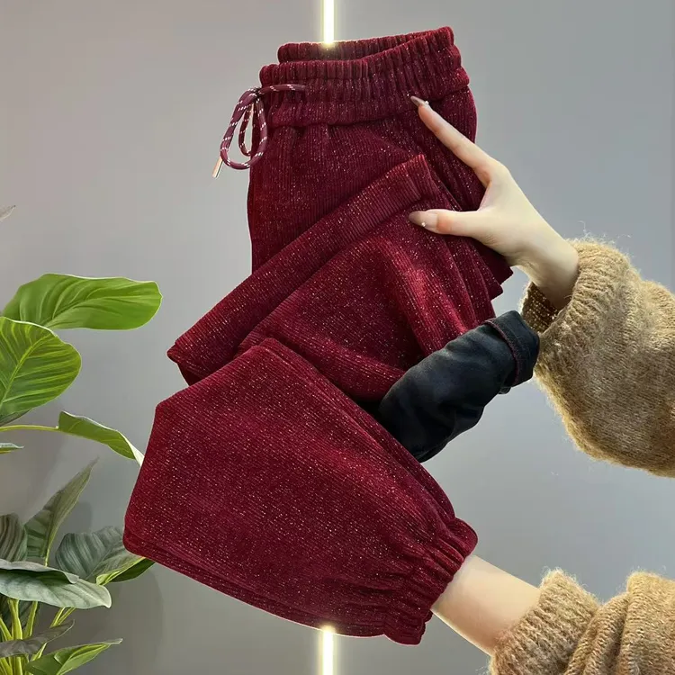 红色亮丝束脚裤女秋冬2025新款休闲加厚雪尼尔哈伦裤显瘦保暖长裤