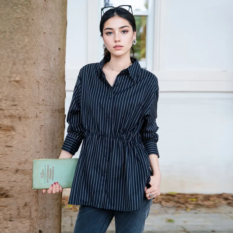 谜底条纹衬衫长袖女2025秋新款设计感通勤百搭宽松衬衣257MC7825