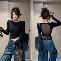 【CCDZ】早秋新品时尚百搭显瘦经典小圆领后露背网纱短款上衣女