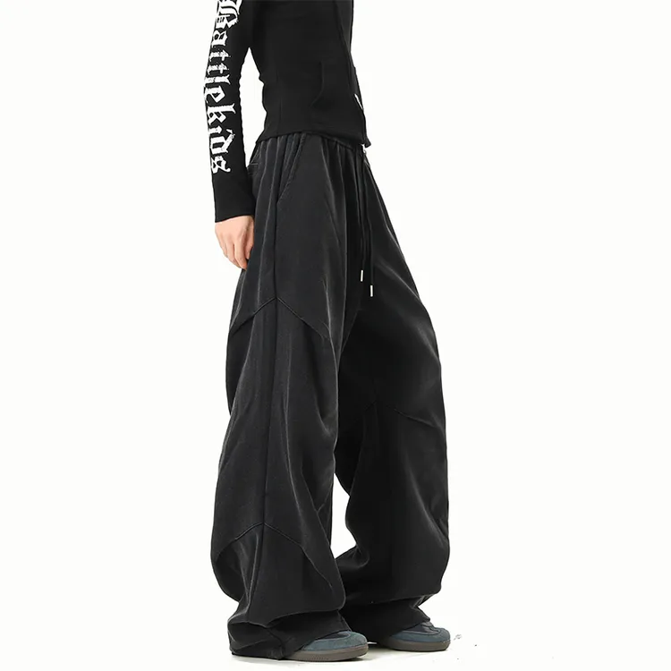 重磅褶皱水洗黑伞兵工装裤男女秋季青少年运动卫裤vibe垂感阔腿裤