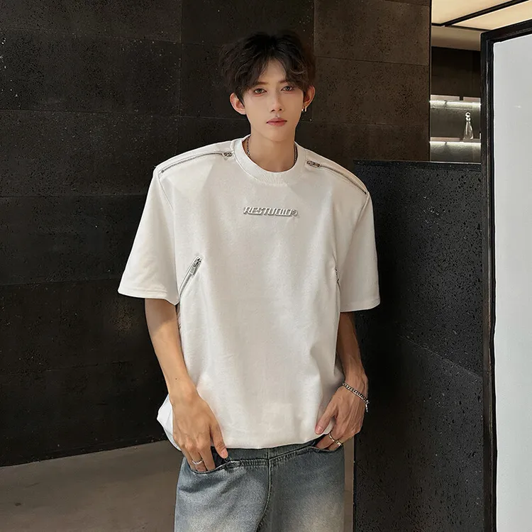 现货  拉链设计款高街男垫肩潮男T恤  