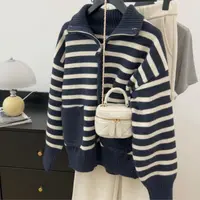 特！门店26&9！立领宽松条纹拼色女式针织衫Z00643