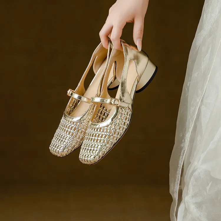 盼盼专属/3厘米跟高/牛皮2025新款编织透气气质镂空粗跟单鞋901