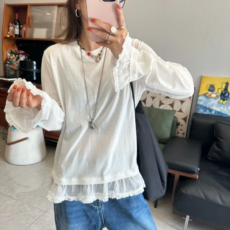 qiqi/琦琦推荐 韩版宽松显瘦圆领套头白色木耳边长袖打底T恤百搭