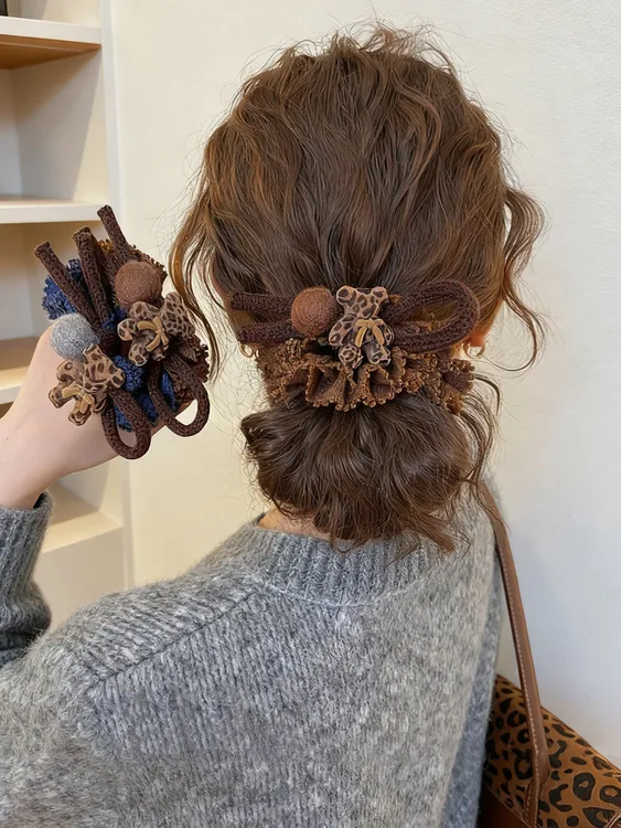 日韩豹纹小熊毛毡球发圈女高级感花边发绳低马尾扎头发皮圈头绳