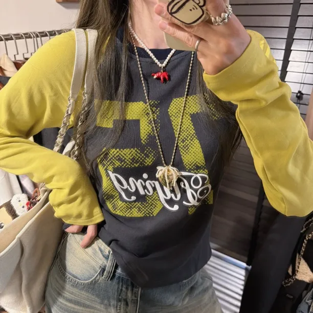 【思含】冬款数字印花插肩拼色长袖T