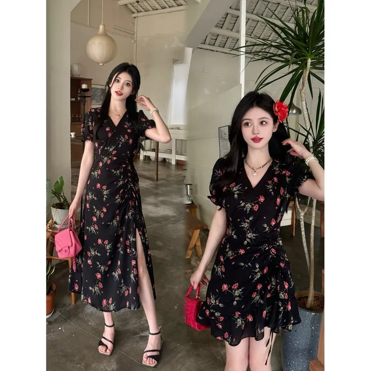 大码茶歇法式v领连衣裙女夏季不规则开叉裙子胖mm遮肚显瘦碎花裙