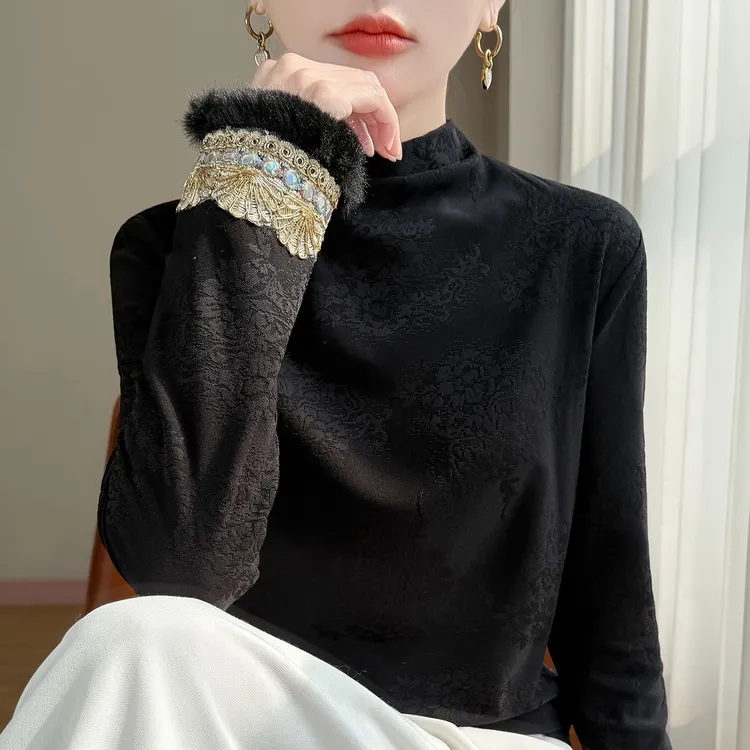 9827新中式内搭长袖半高领衬衫女秋冬加绒加厚国风打底衫T恤上衣